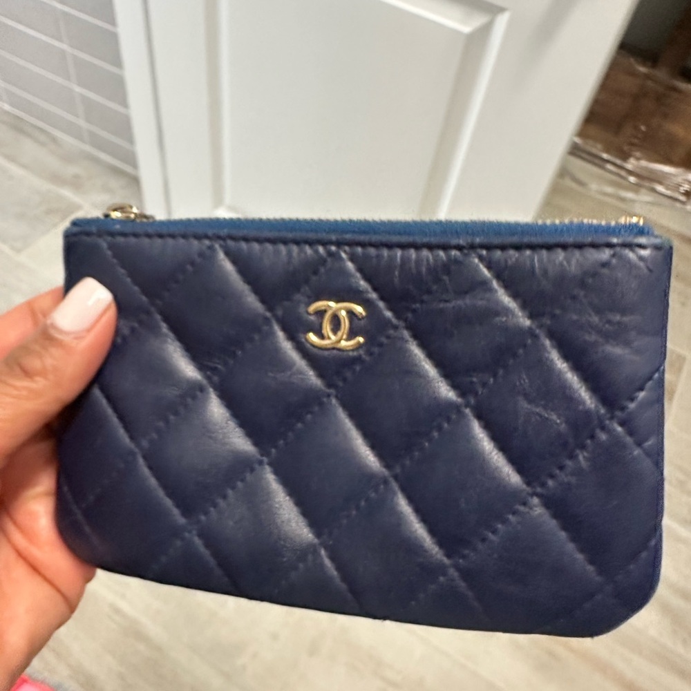 CHANEL Navy Quilted Leather Wristlet